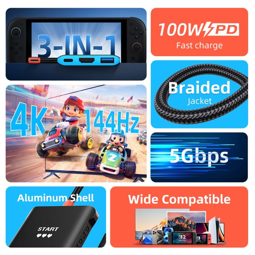 USB C to HDMI PD USB 3.0 3In1 for NES Switch Oled 2