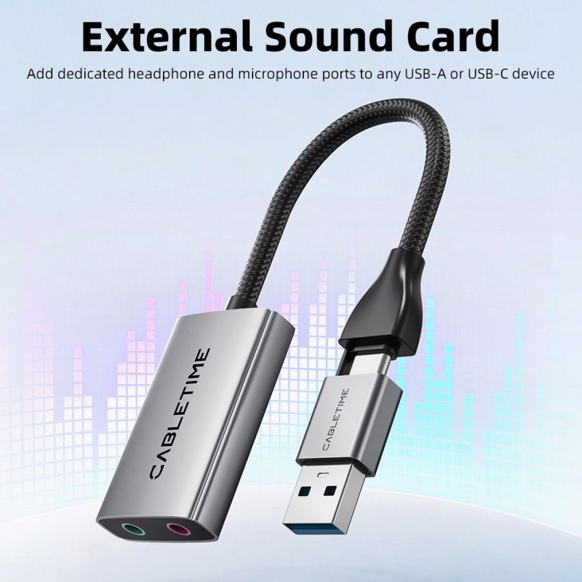 USB A+C External Sound Card Audio Adapter 2in1 Splitter Jack 3.5mm Mic & Headphone Output Aluminium Braided