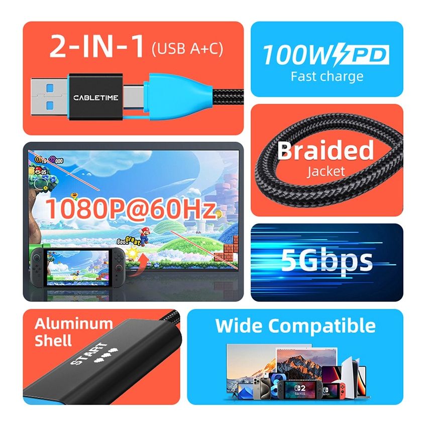 USB C Video Capture Card with 100W Power Delivery for NES Switch Oled 2