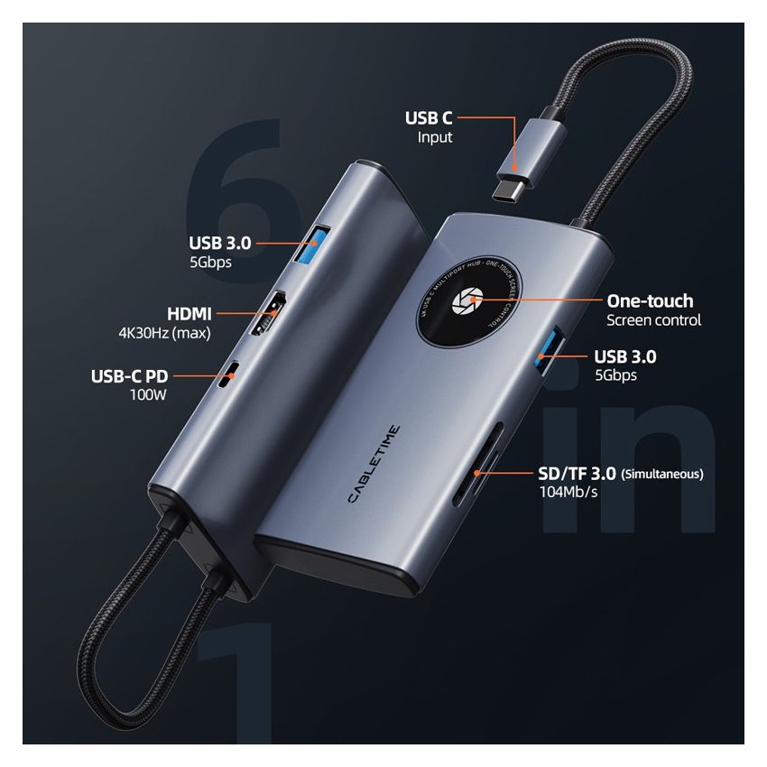 6 In 1 USB C Multiport Travel Hub for iPad Android Tablet iMac
