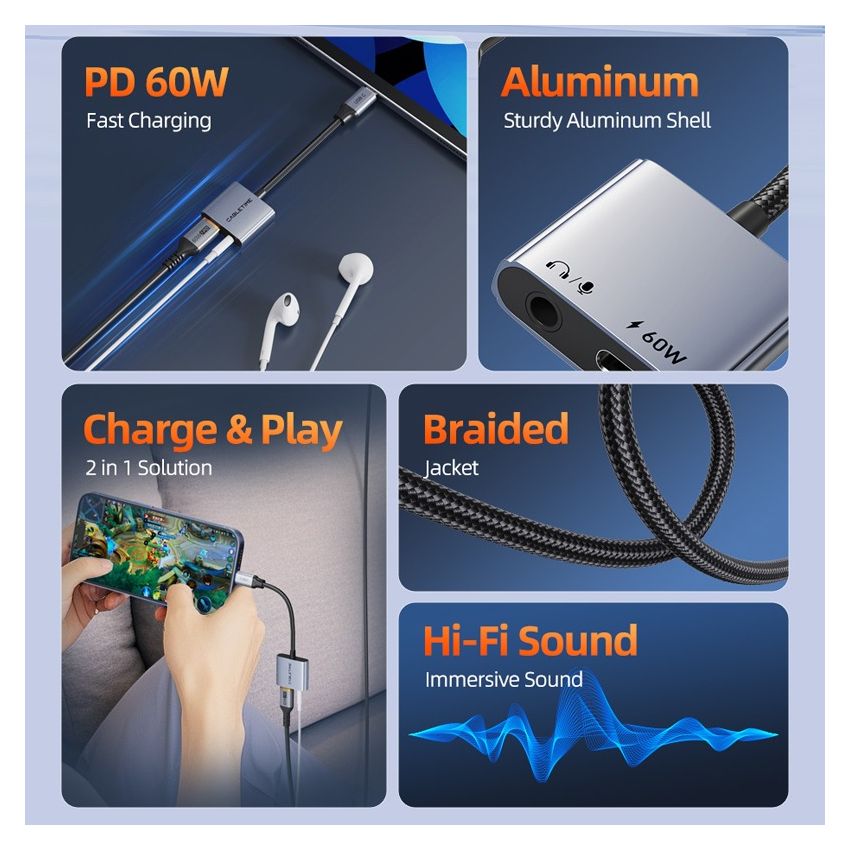 USB C to Aux 3.5mm 2in1 dengan PD Audio Adapter Converter