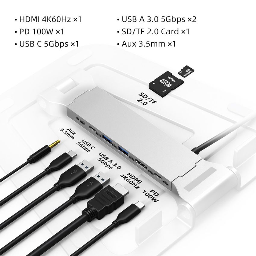 Hub 8In1 HDMI USB-A USB-C PD TF SD Audio 3.5mm w/ Laptop Stand