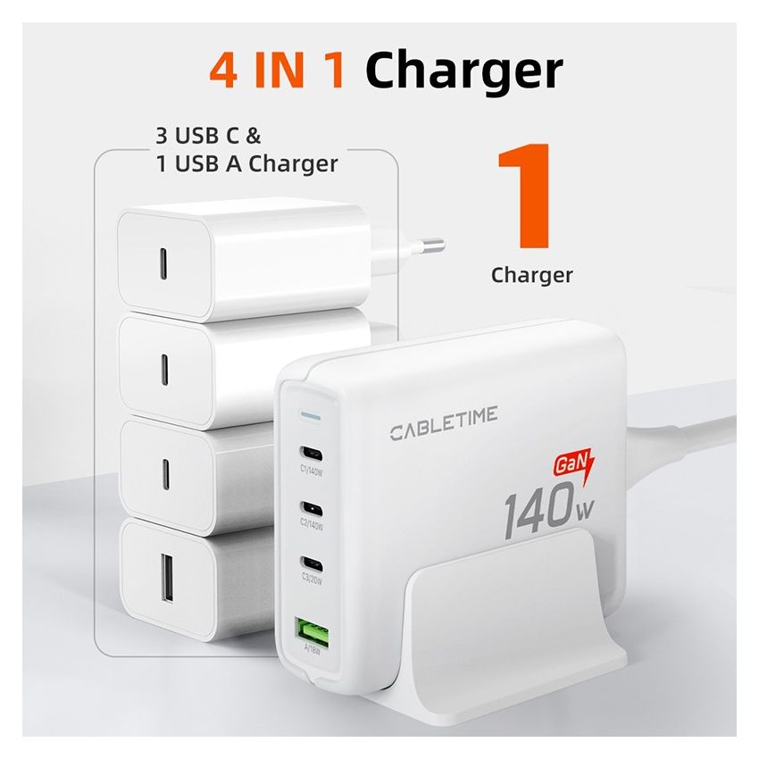 Adaptor Desk Charger 4In1 GaN 140W Charging Station for Laptop Macbook