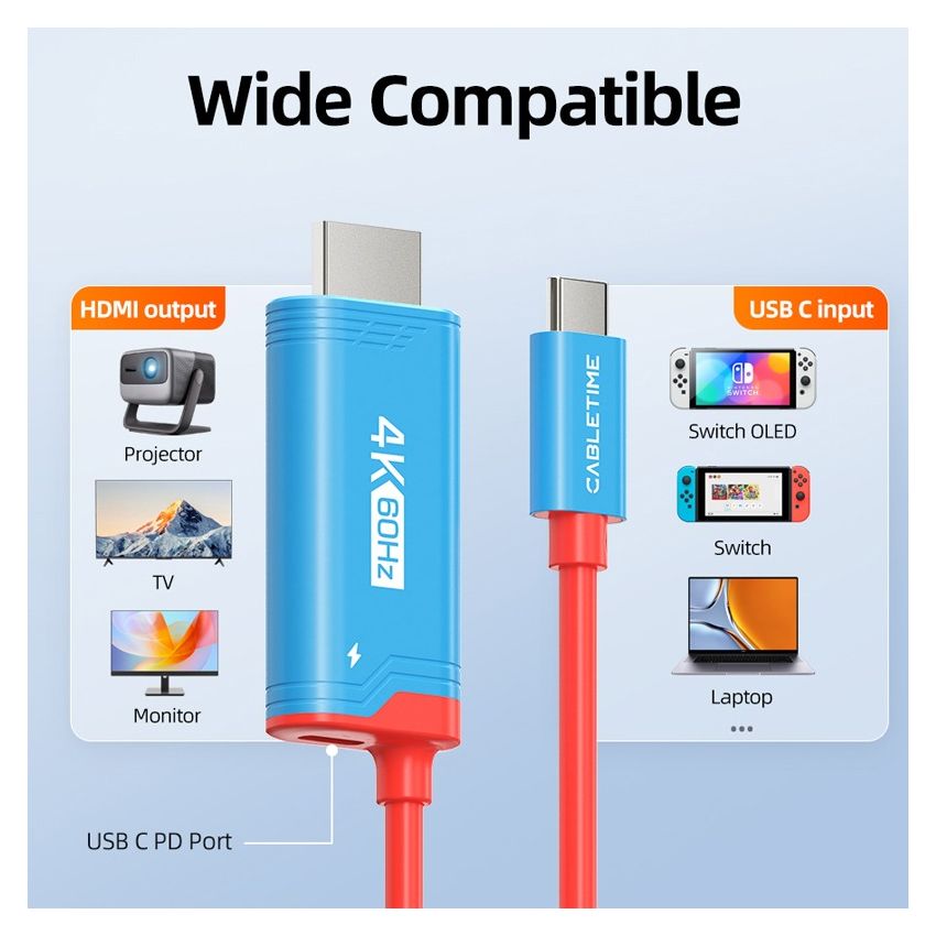 Kabel USB Type C to HDMI Converter 4K60Hz w/ Power Untuk NES Switch