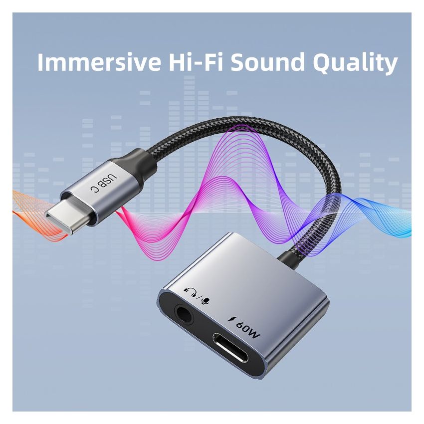 USB C to Aux 3.5mm 2in1 dengan PD Audio Adapter Converter