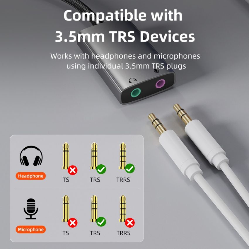 USB A+C External Sound Card Audio Adapter 2in1 Splitter Jack 3.5mm Mic & Headphone Output Aluminium Braided