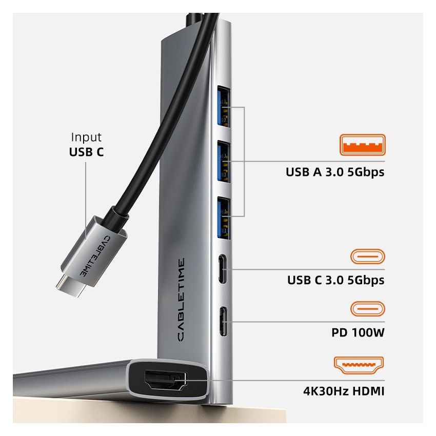 6In1 USB C Hub with HDMI and 100W Power Delivery for Macbook Pro Air