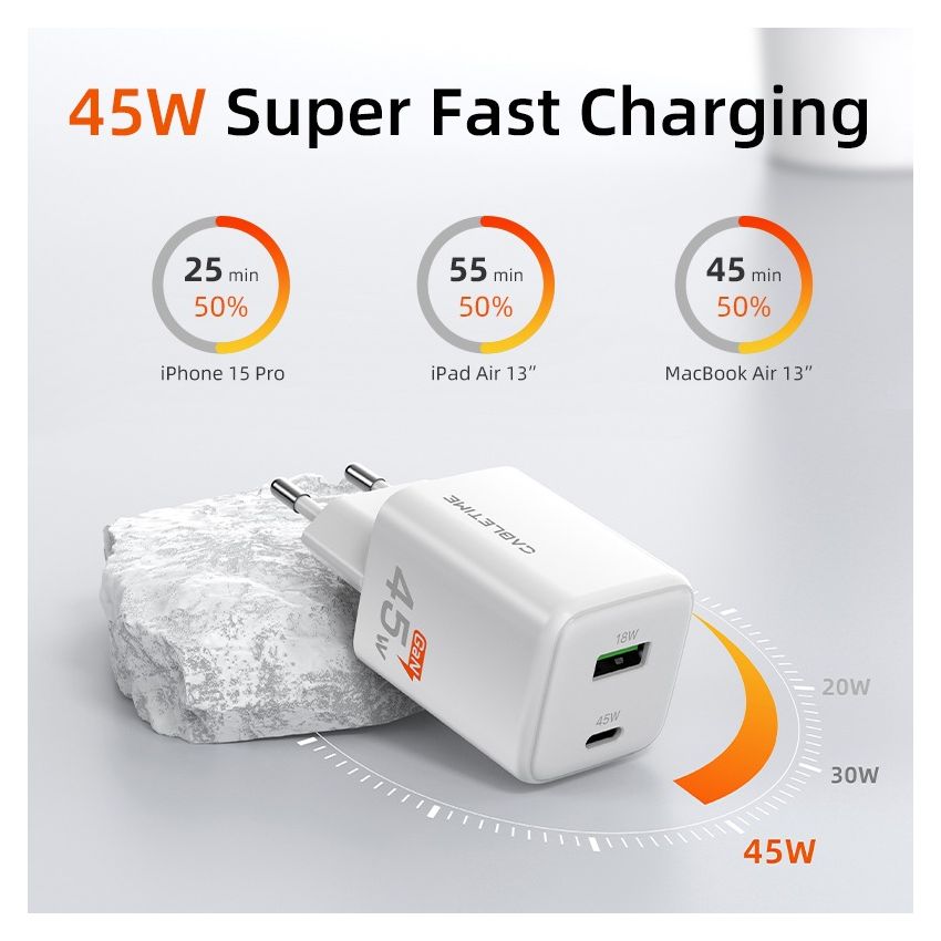 Adaptor Charger GaN 45W USB C and USB A Wall Charger