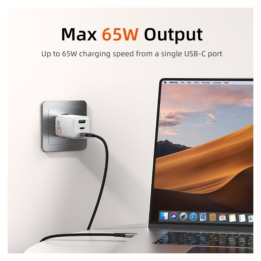 Adaptor GaN USB-C Charger 65W 3Ports Wall Charger for Laptop Phone