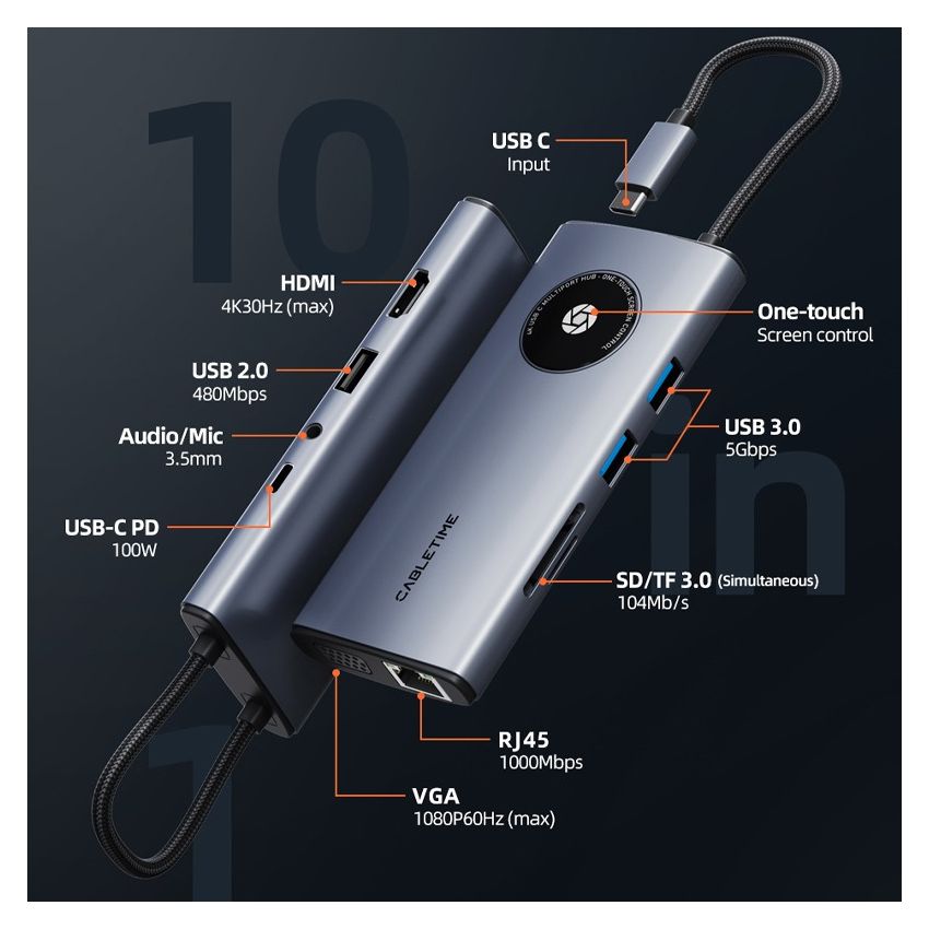 10 In 1 Multi USB C Hub Adapter 4K with VGA and HDMI Ethernet