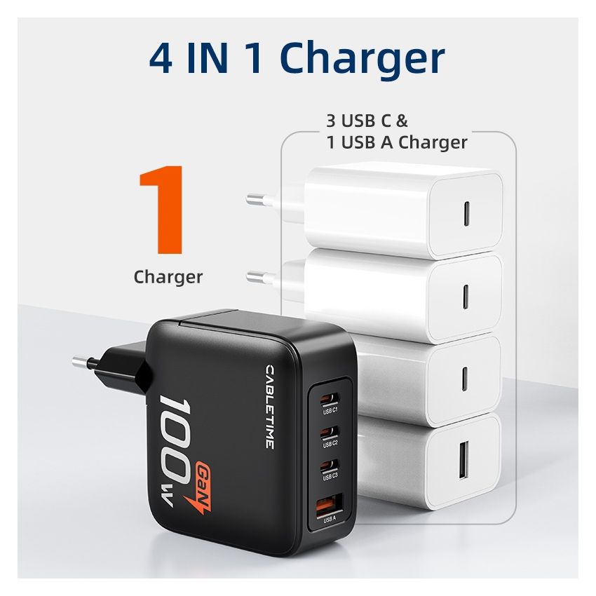Adaptor GaN Charger 100W 4 Port PD Fast Charging