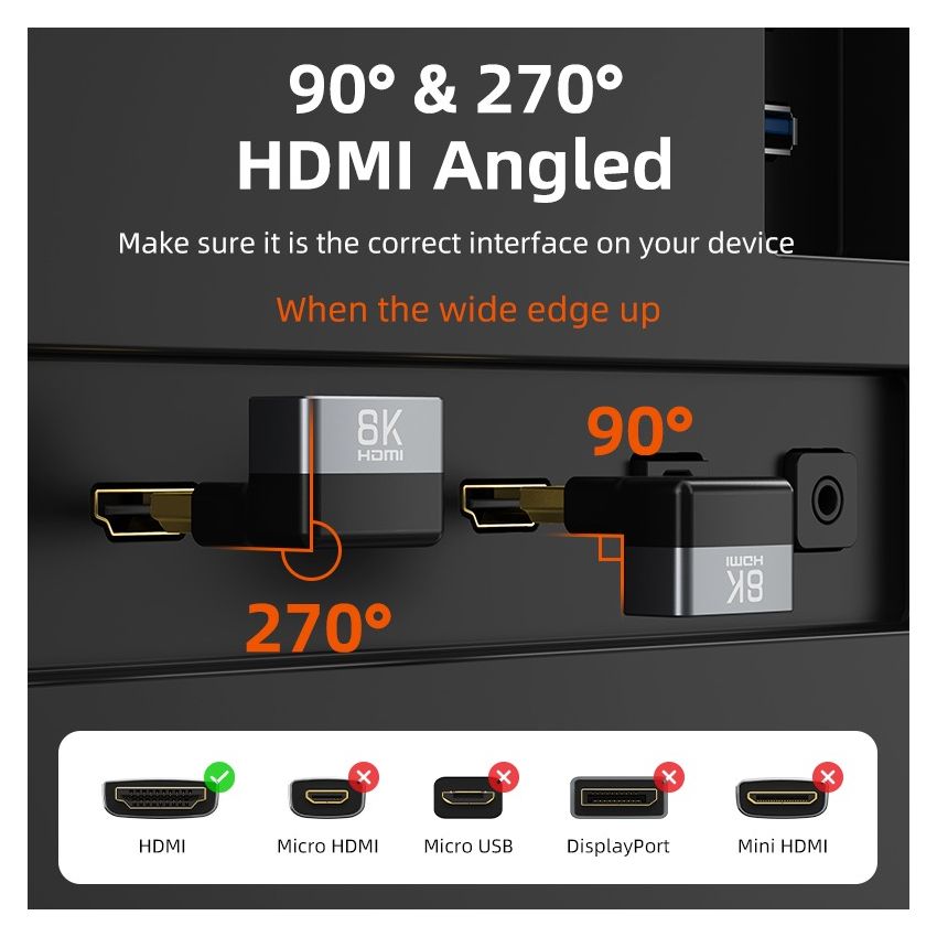 8K HDMI 2.1 Adapter Male to Female 90 Degree 270 Degree Left and Right Angle for TV