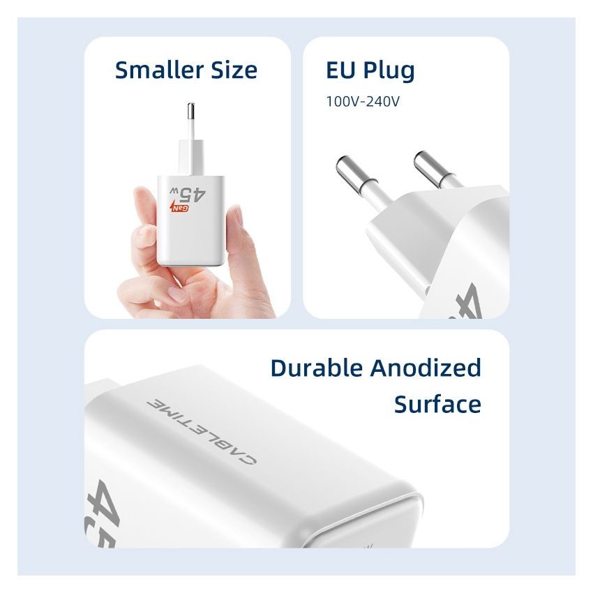 Adaptor Charger GaN 45W USB C and USB A Wall Charger