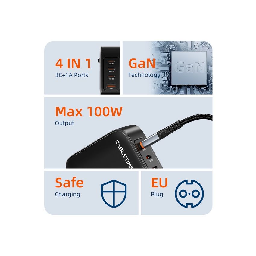 Adaptor GaN Charger 100W 4 Port PD Fast Charging