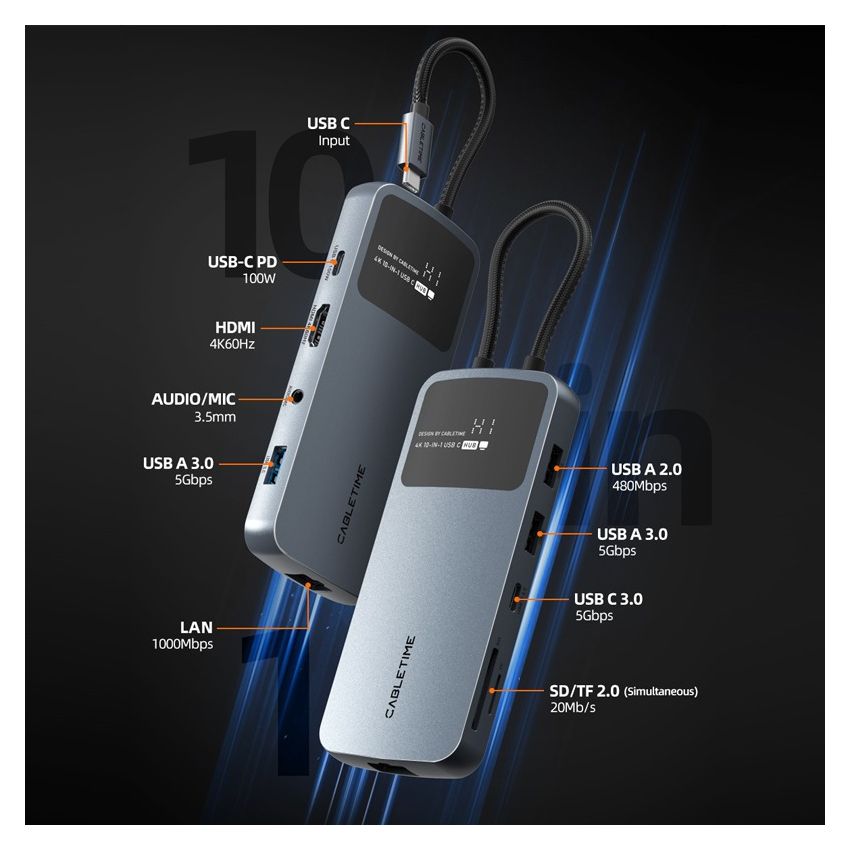 10 In 1 USB C Hub Multiport 4K60Hz HDMI Ethernet w/ Multi Screen