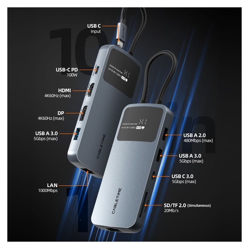 10 In 1 USB C Multiport Hub 4K 60Hz HDMI DisplayPort w/ Multi Screen