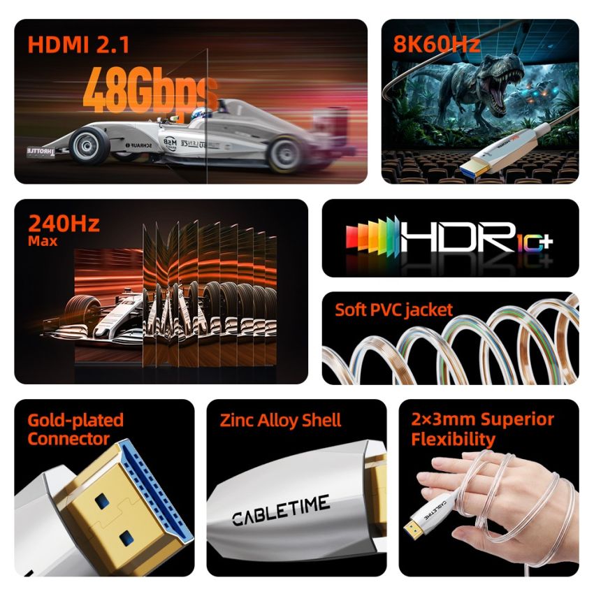 Kabel HDMI Fiber Optic AOC 2.1 8K60Hz 4K240Hz HDR Ultra Thin Slim