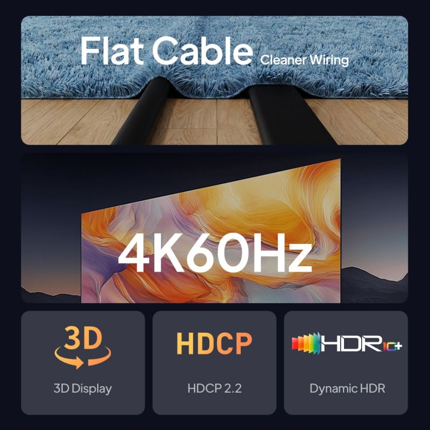Kabel HDMI 2.0 Flat Male to Male 4K HDR10+ for TV Projector