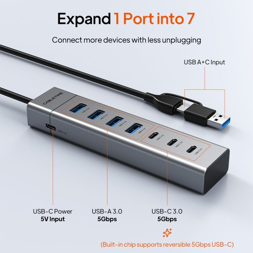 7in1 USB C Hub Multiport Adapter Type C USB A to 4 USB 3.0 + 3 USB-C High Speed 5Gbps Kabel 1M