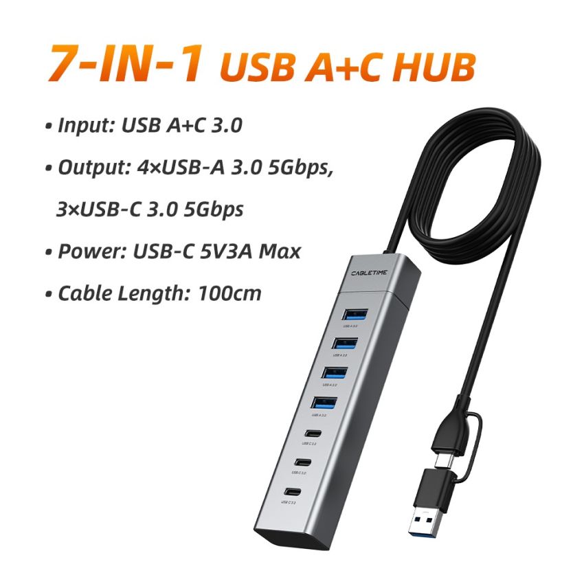 7in1 USB C Hub Multiport Adapter Type C USB A to 4 USB 3.0 + 3 USB-C High Speed 5Gbps Kabel 1M