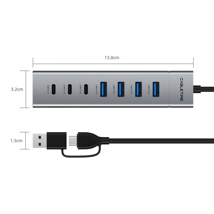 7in1 USB C Hub Multiport Adapter Type C USB A to 4 USB 3.0 + 3 USB-C High Speed 5Gbps Kabel 1M
