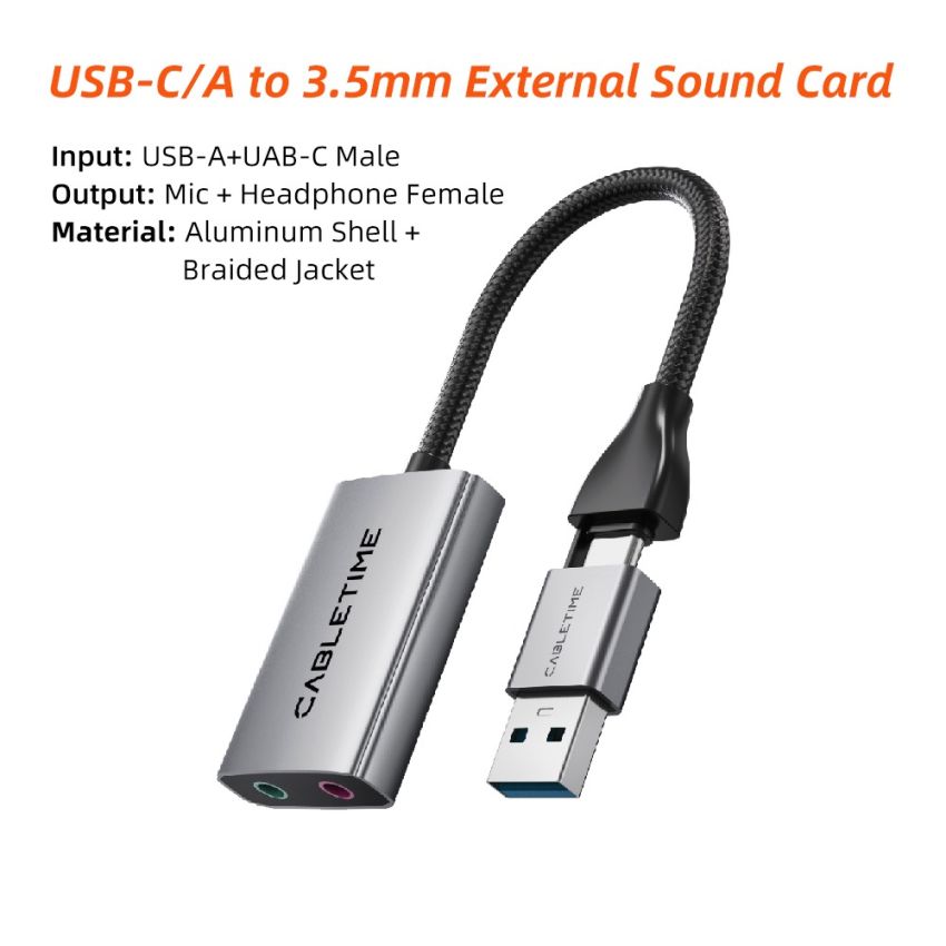 USB A+C External Sound Card Audio Adapter 2in1 Splitter Jack 3.5mm Mic & Headphone Output Aluminium Braided