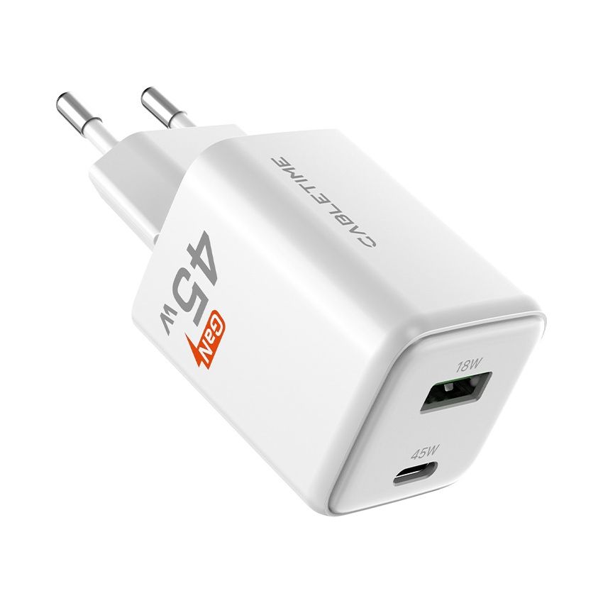 Adaptor Charger GaN 45W USB C and USB A Wall Charger