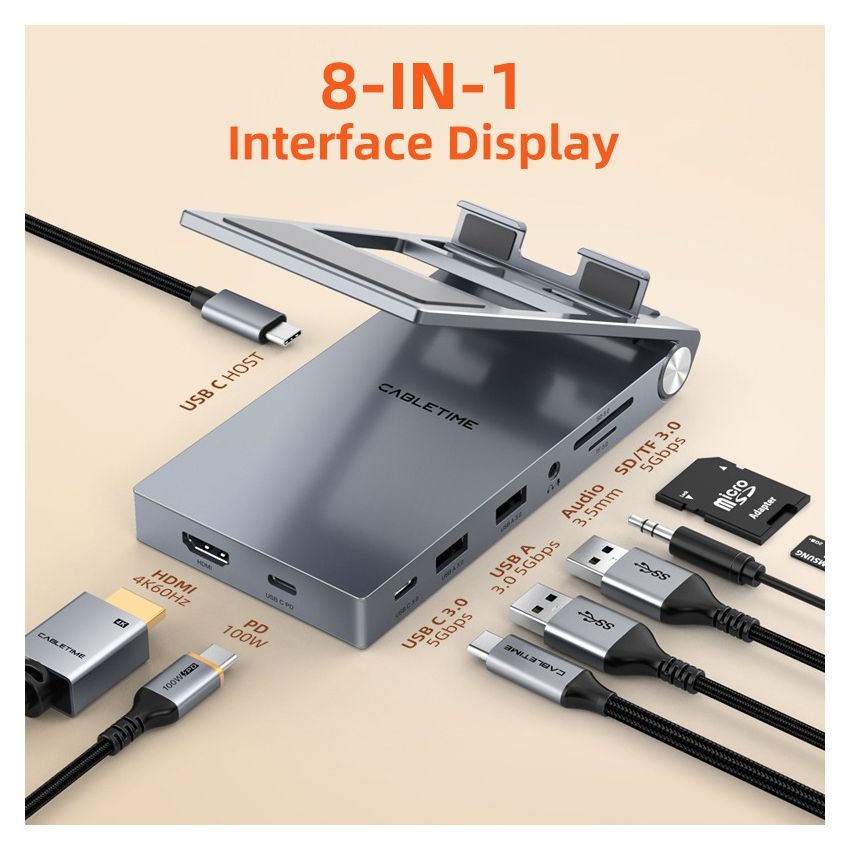 8 In 1 USB C Hub with Foldable Stand untuk iPad Pro Android Tablet