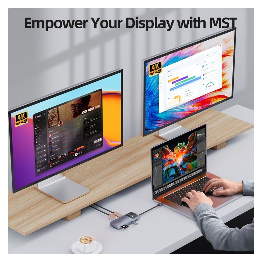 10 In 1 USB C Hub for Dual 4K 60Hz Monitor w/ Multi Screen