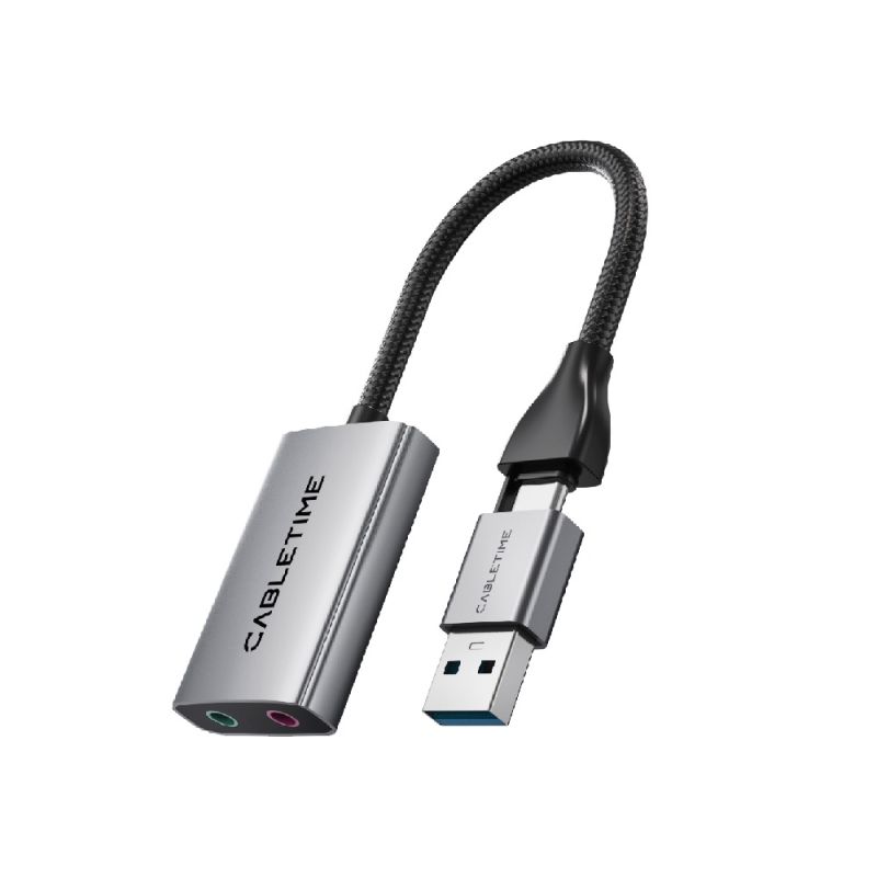 USB A+C External Sound Card Audio Adapter 2in1 Splitter Jack 3.5mm Mic & Headphone Output Aluminium Braided